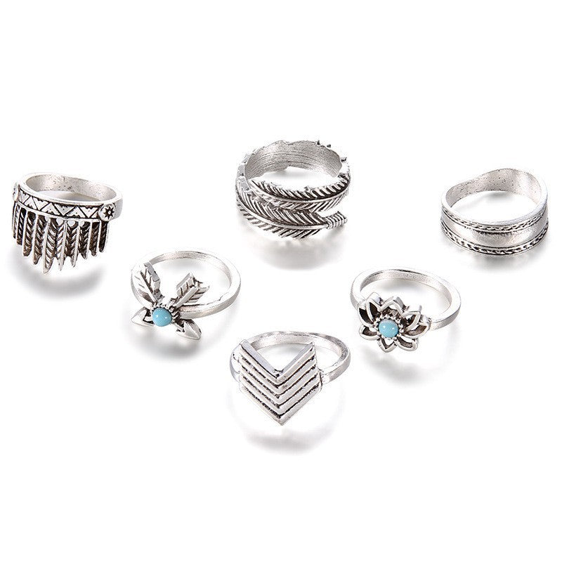 Wholesale Vintage carved turquoise Bohemian style 6-piece bracelet ring